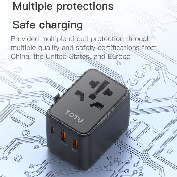 TOTU 635DQ Universal Travel Adapter PD 20W Fast Charging Block GaN Worldwide Wall Charger with 1 USB-C+2 USB-A Ports - Black