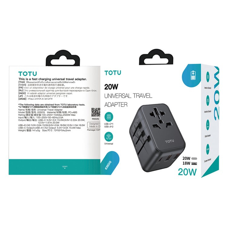 TOTU 635DQ Universal Travel Adapter PD 20W Fast Charging Block GaN Worldwide Wall Charger with 1 USB-C+2 USB-A Ports - Black