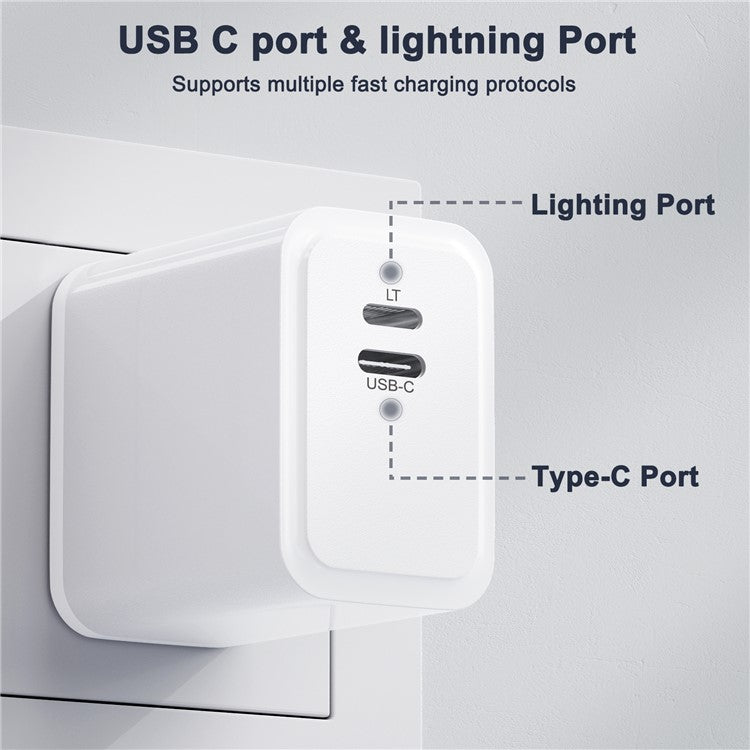 PD 20W Type-C + Lightning Phone Charger Fast Charging Power Adapter with Cable - US Plug