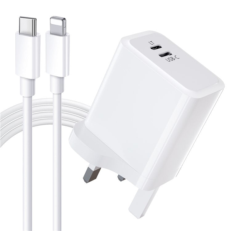 PD 20W Type-C + Lightning Phone Charger Fast Charging Power Adapter with Cable - UK Plug