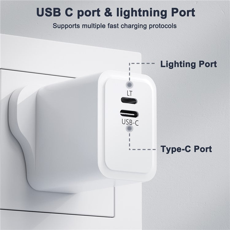 PD 20W Type-C + Lightning Phone Charger Fast Charging Power Adapter with Cable - UK Plug