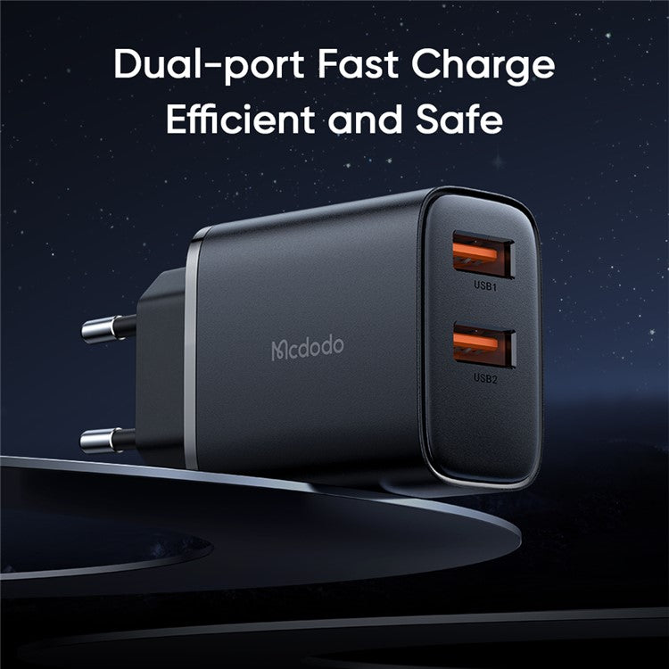 MCDODO Beryllium CH-5072 12W Wall Charger Kit with Type-C Cable 2 USB-A 2.4A Travel Charger Block, EU Plug (Black)