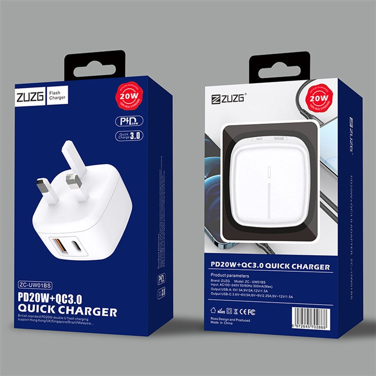 ZUZG ZC-UW01BS PD+QC3.0 Dual Port Wall Charger Portable Power Adapter, UK Plug