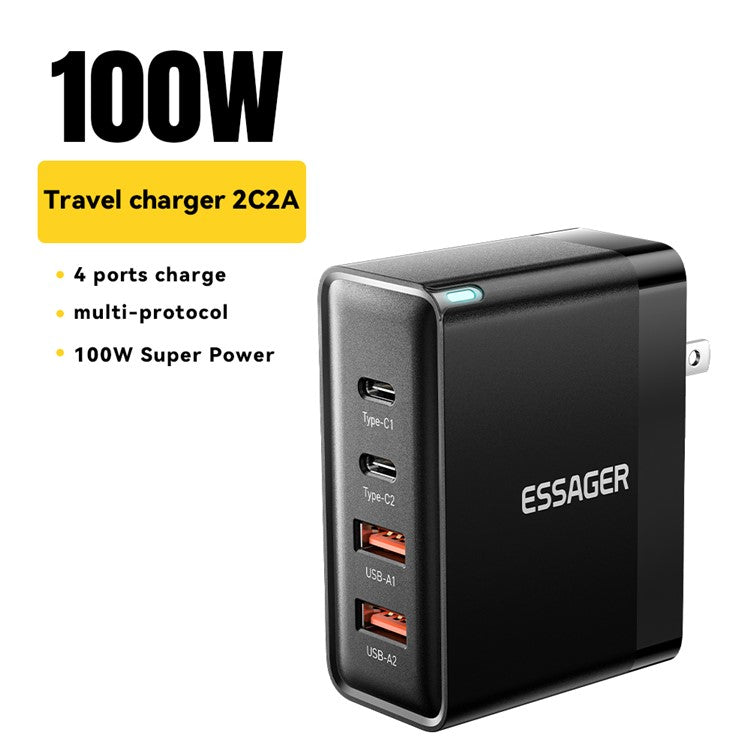 ESSAGER ES-CD37 100W Quick Charger Adapter 2USB-C+2USB-A Multi-Port Charging Station - Black / US Plug