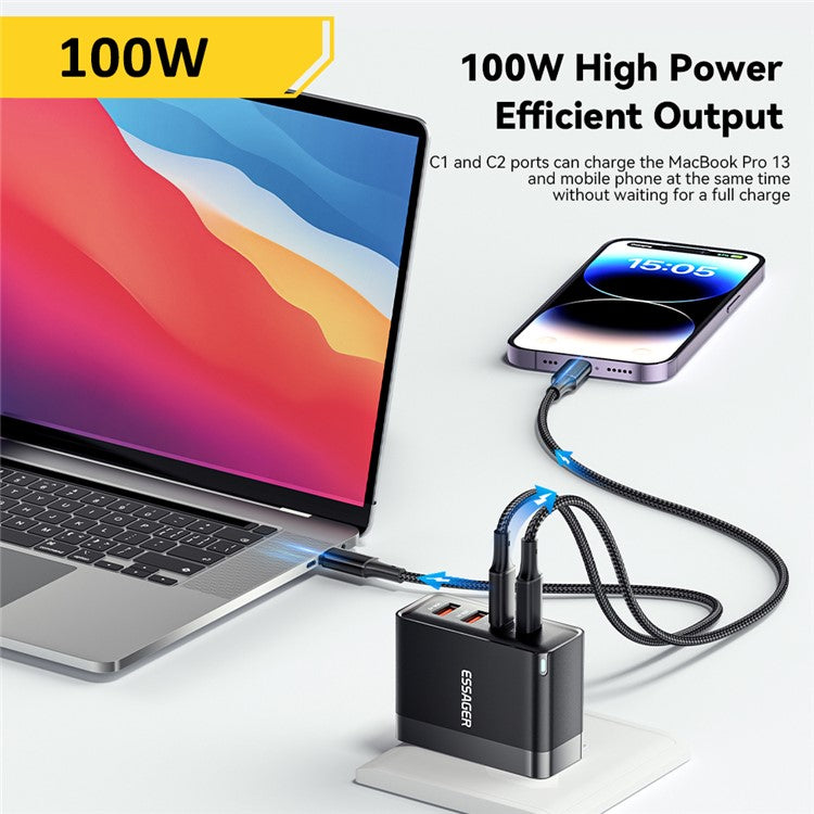 ESSAGER ES-CD37 100W Quick Charger Adapter 2USB-C+2USB-A Multi-Port Charging Station - Black / US Plug