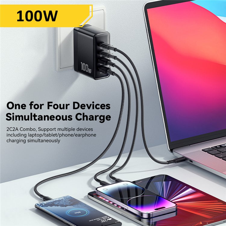 ESSAGER ES-CD37 100W Quick Charger Adapter 2USB-C+2USB-A Multi-Port Charging Station - Black / US Plug