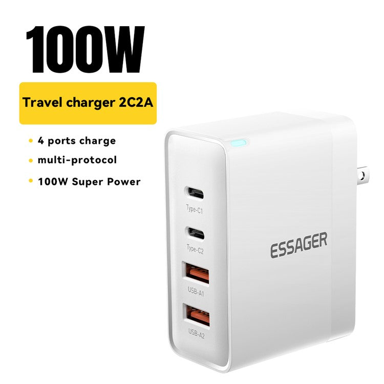 ESSAGER ES-CD37 100W Quick Charger Adapter 2USB-C+2USB-A Multi-Port Charging Station - White / US Plug