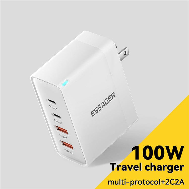 ESSAGER ES-CD37 100W Quick Charger Adapter 2USB-C+2USB-A Multi-Port Charging Station - White / US Plug