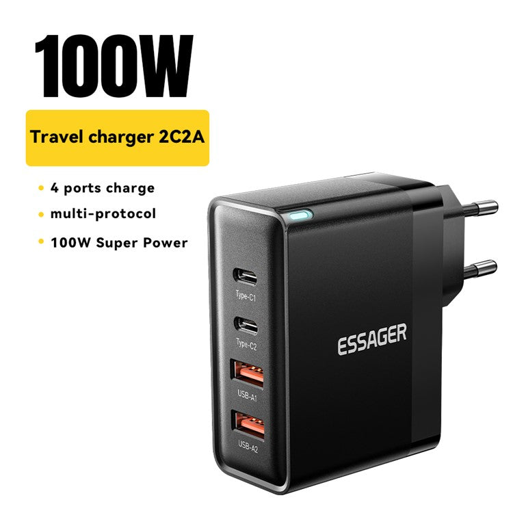 ESSAGER ES-CD37 100W Quick Charger Adapter 2USB-C+2USB-A Multi-Port Charging Station - Black / EU Plug