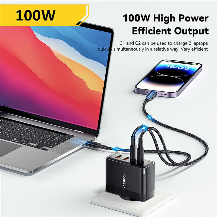 ESSAGER ES-CD37 100W Quick Charger Adapter 2USB-C+2USB-A Multi-Port Charging Station - Black / EU Plug