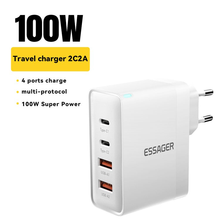 ESSAGER ES-CD37 100W Quick Charger Adapter 2USB-C+2USB-A Multi-Port Charging Station - White / EU Plug