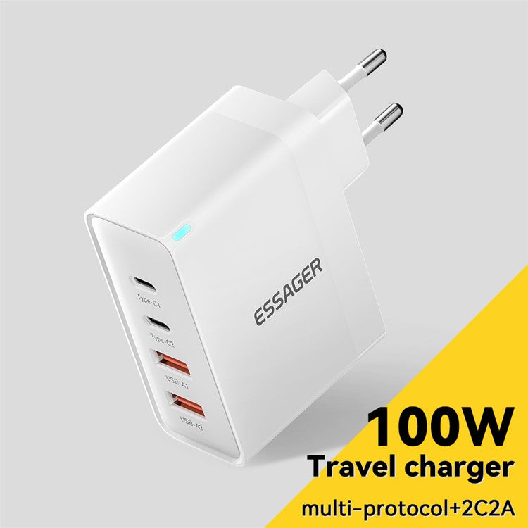 ESSAGER ES-CD37 100W Quick Charger Adapter 2USB-C+2USB-A Multi-Port Charging Station - White / EU Plug