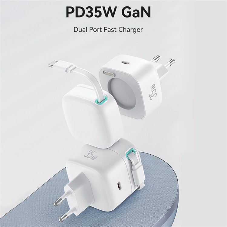 USAMS US-CC202 XMF Series PD 35W Type-C GaN Charger Magnetic Fast Charging Adapter with Retractable Type-C Cable, EU Plug - White