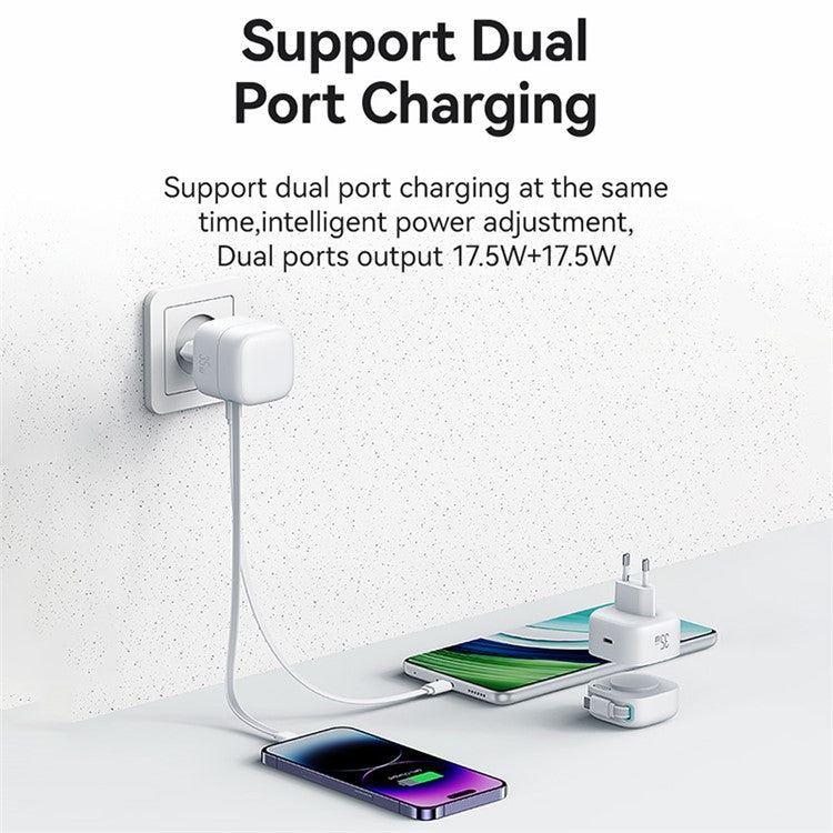 USAMS US-CC202 XMF Series PD 35W Type-C GaN Charger Magnetic Fast Charging Adapter with Retractable Type-C Cable, EU Plug - White