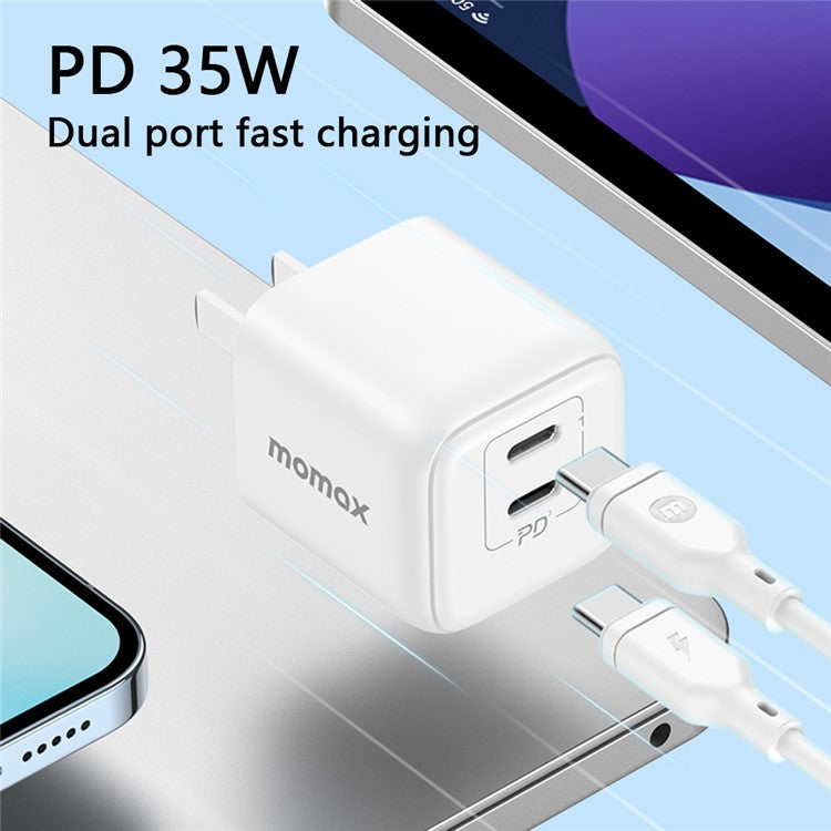 MOMAX UM38CN GaN PD 35W Fast Charger Adapter Dual USB-C Output Wall Charger Block, CN Plug (White)