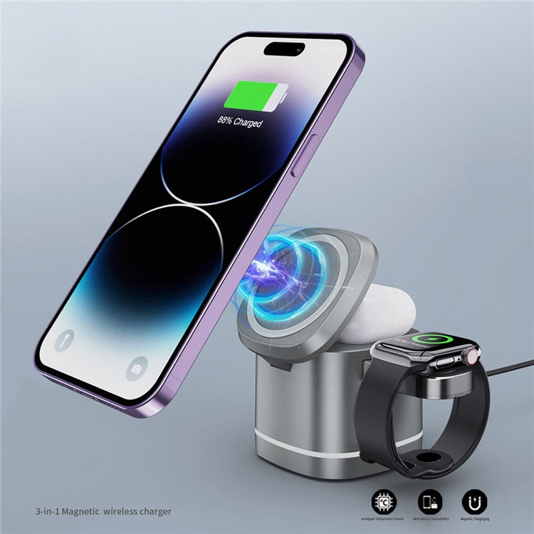 XUNDD XDCH-061 3-in-1 Magnetic Wireless Charger Folding Cell Phone Charging Stand for Headset, iWatch - Silver