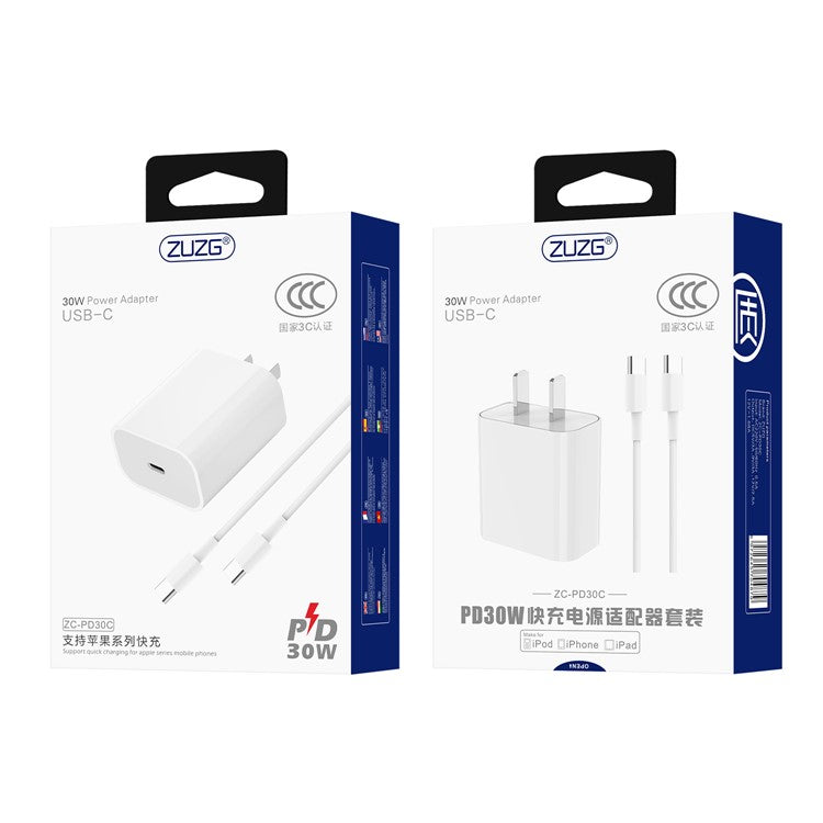 ZUZG PD30C PD 30W USB-C Fast Charger Set with 1m USB-C to USB-C Cable for iPhone 15 Series