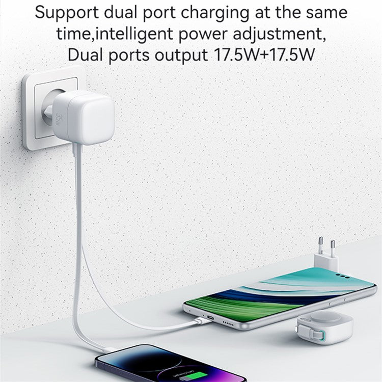 USAMS US-CC209 PD 35W GaN Wall Charger Dual USB-C Fast Charger with iP Magnetic Retractable Cable Module - White / EU Plug