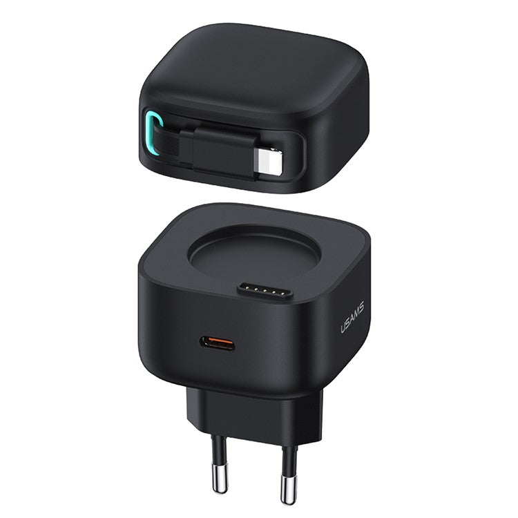 USAMS US-CC209 PD 35W GaN Wall Charger Dual USB-C Fast Charger with iP Magnetic Retractable Cable Module - Black / EU Plug