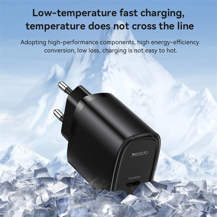 YESIDO YC57 EU Plug USB-C Charger 20W Powerport Compact High Speed Wall Charger - Black