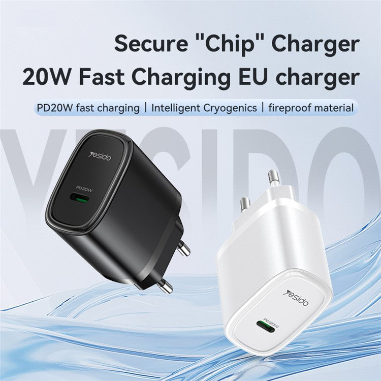 YESIDO YC57 EU Plug USB-C Charger 20W Powerport Compact High Speed Wall Charger - Black