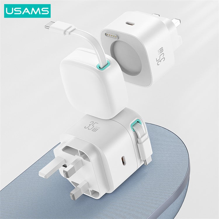 USAMS US-CC204 XMF Series PD 35W Dual Output GaN Fast Charger with Type-C Magnetic Retractable Cable Module, UK Plug - White