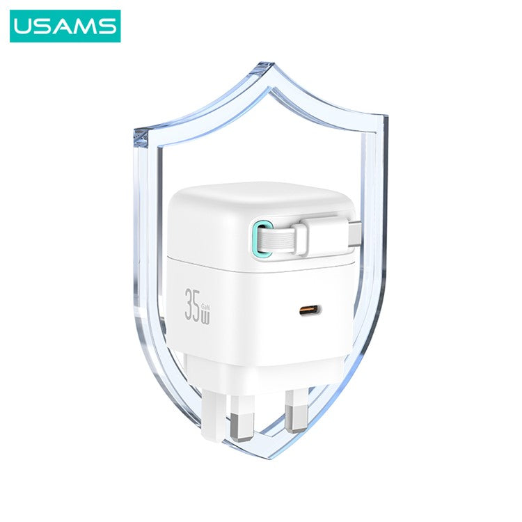 USAMS US-CC204 XMF Series PD 35W Dual Output GaN Fast Charger with Type-C Magnetic Retractable Cable Module, UK Plug - White