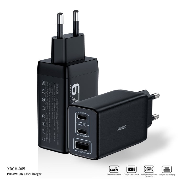 XUNDD XDCH-065 67W Fast Charging GaN Wall Charger USB-A+2xType-C Power Adapter - EU Plug