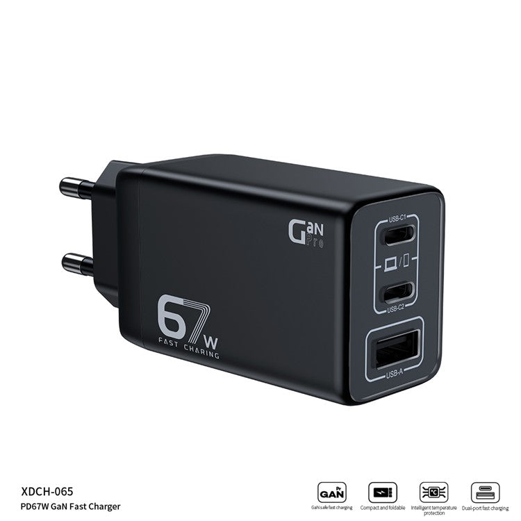 XUNDD XDCH-065 67W Fast Charging GaN Wall Charger USB-A+2xType-C Power Adapter - EU Plug