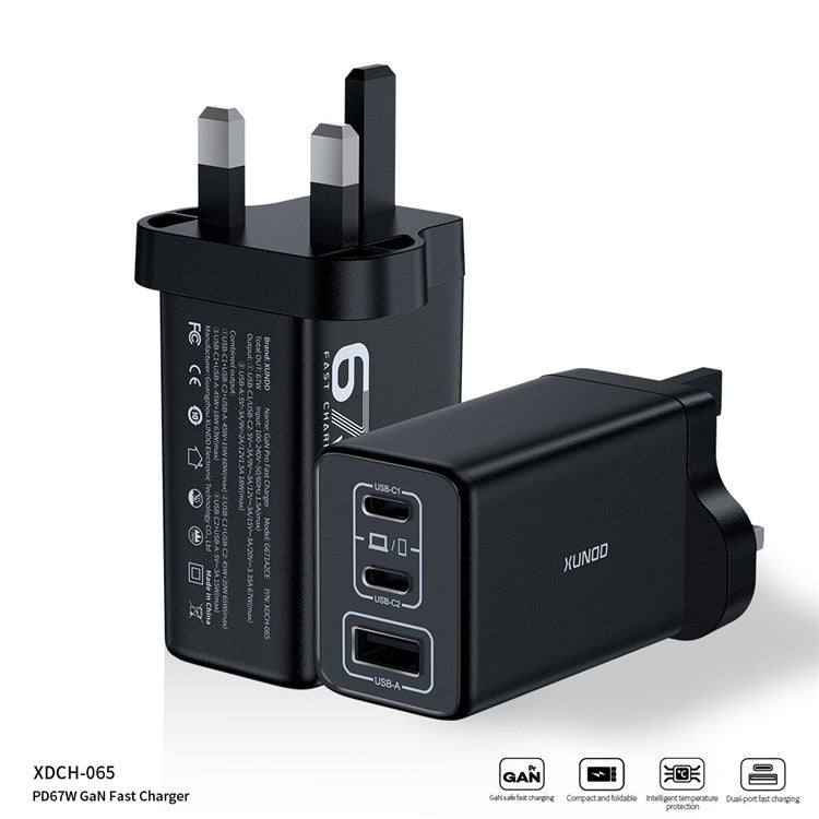 XUNDD XDCH-065 67W Fast Charging GaN Wall Charger USB-A+2xType-C Power Adapter - UK Plug