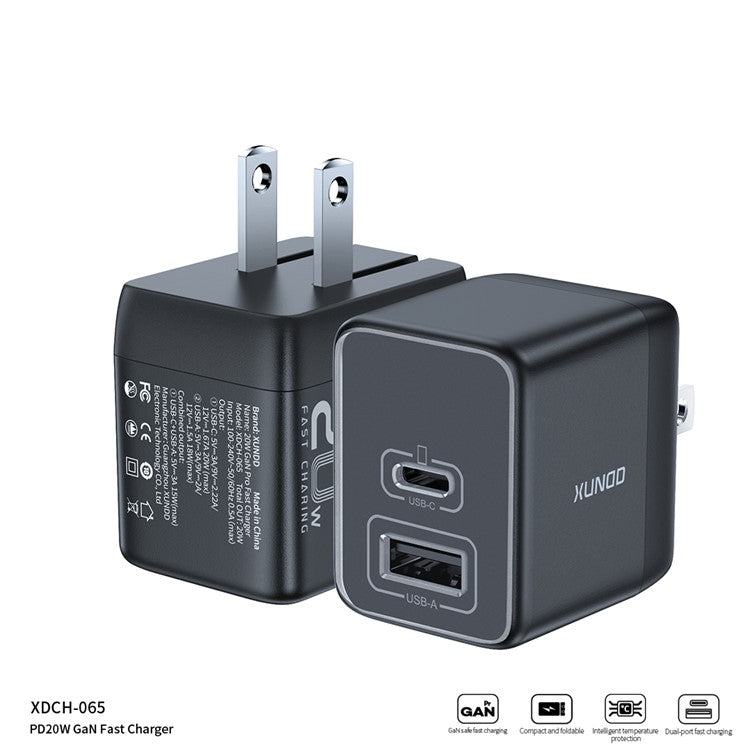 XUNDD XDCH-065 20W Fast Charging Block Type-C+USB-A GaN Power Adapter - US Plug