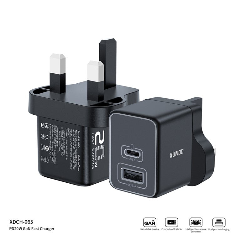 XUNDD XDCH-065 20W Fast Charging Block Type-C+USB-A GaN Power Adapter - UK Plug