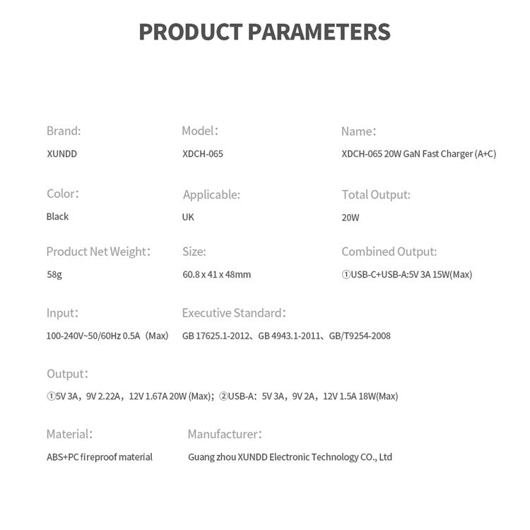 XUNDD XDCH-065 20W Fast Charging Block Type-C+USB-A GaN Power Adapter - UK Plug