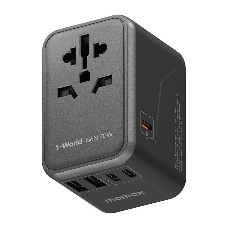 MOMAX UA8A 1-World PD 70W GaN 5 Ports + AC Travel Adapter Global Wall Charger - Black