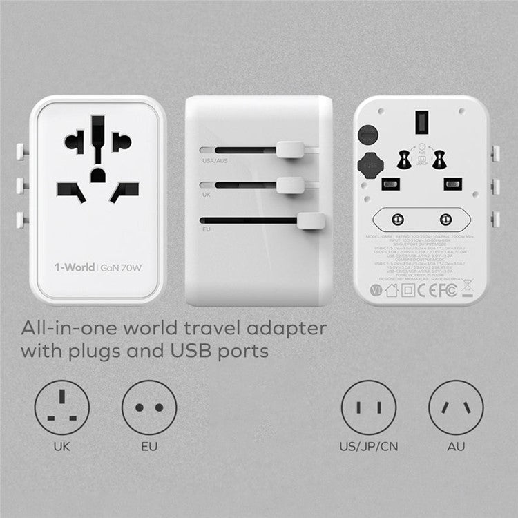 MOMAX UA8A 1-World PD 70W GaN 5 Ports + AC Travel Adapter Global Wall Charger - Black