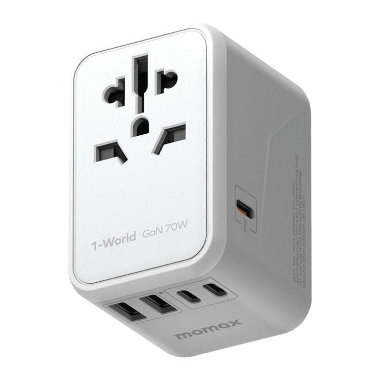 MOMAX UA8A 1-World PD 70W GaN 5 Ports + AC Travel Adapter Global Wall Charger - White