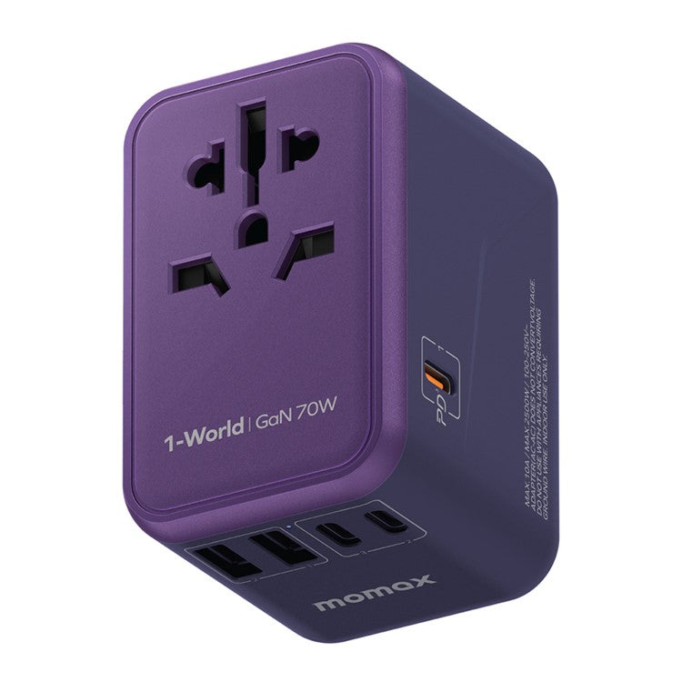 MOMAX UA8A 1-World PD 70W GaN 5 Ports + AC Travel Adapter Global Wall Charger - Purple