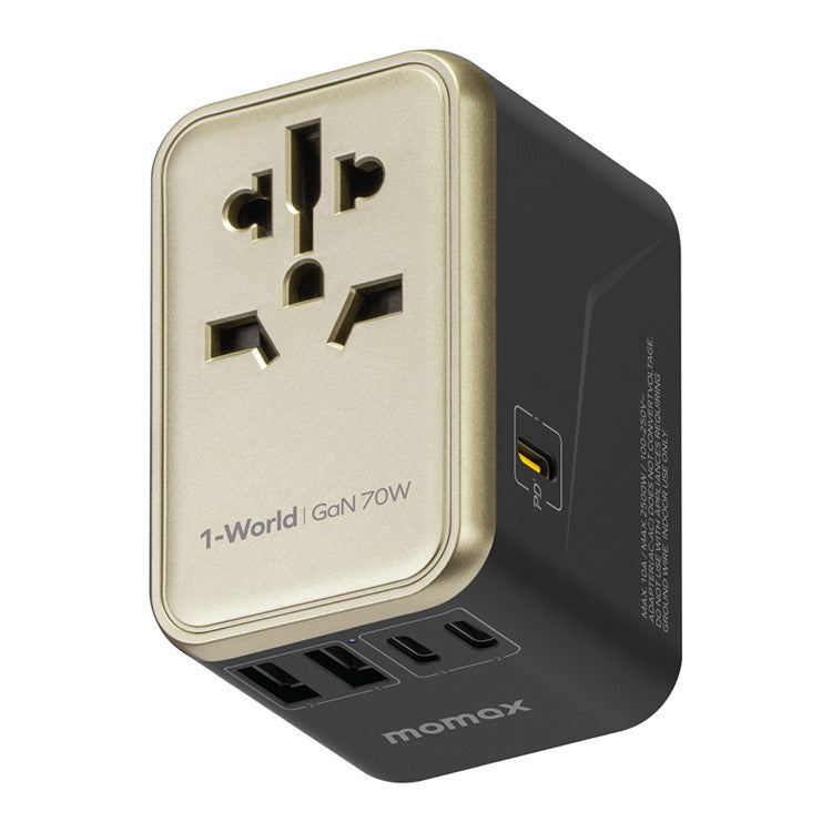 MOMAX UA8A 1-World PD 70W GaN 5 Ports + AC Travel Adapter Global Wall Charger - Titanium Gold