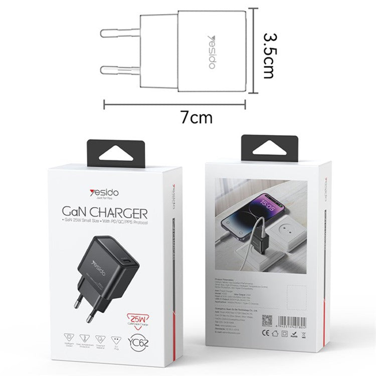 YESIDO YC62 PD 25W Fast Charging GaN Power Adapter Type-C Travel Wall Charger