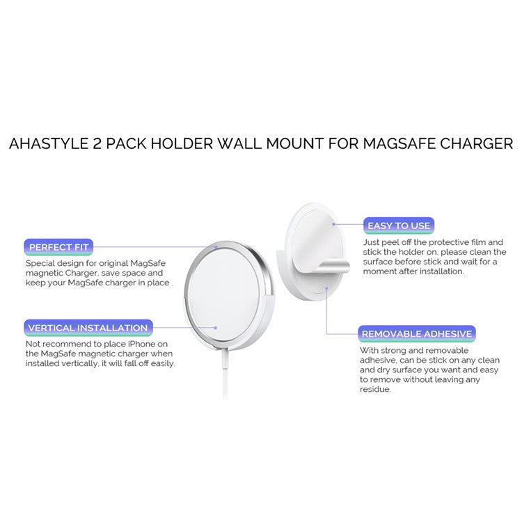 AHASTYLE PT136 2-Pack Self-adhesive Wall Mount Holder Bracket Compatible with MagSafe Charger