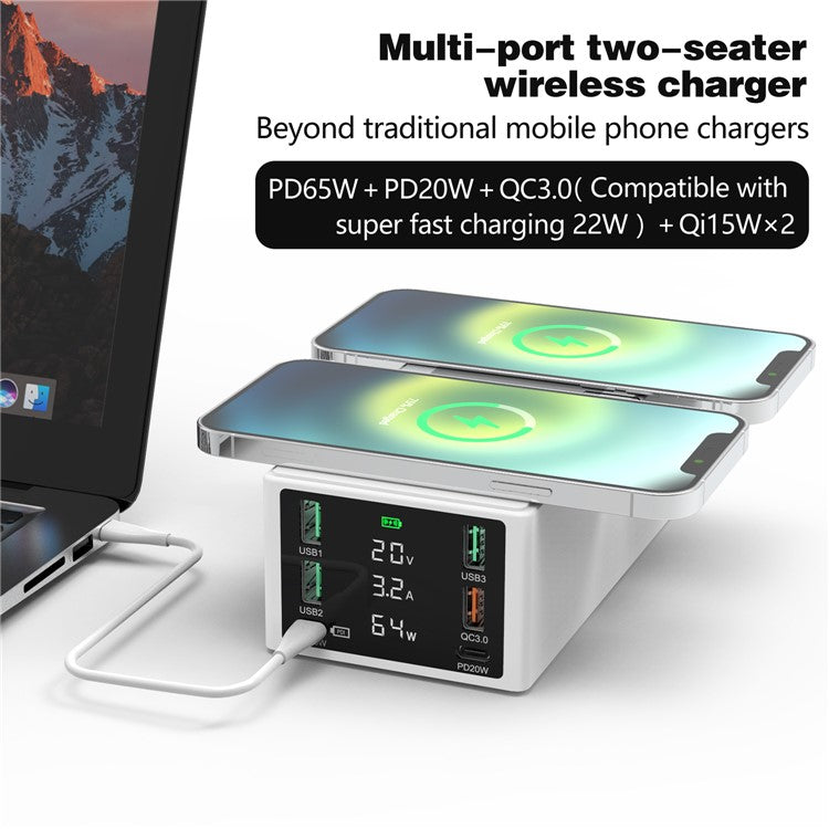 888W Multi-Port USB Phone Charger QC3.0 Fast Charger 15W Wireless Charger PD 65W Charging Station for Laptops - White / US Plug