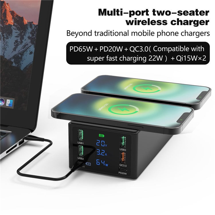 888W Multi-Port USB Phone Charger QC3.0 Fast Charger 15W Wireless Charger PD 65W Charging Station for Laptops - Black / US Plug