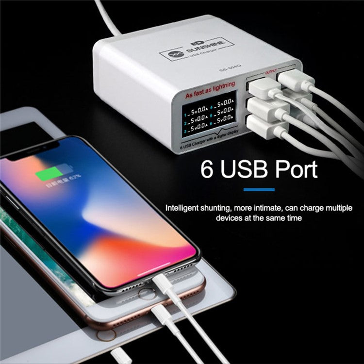 SUNSHINE SSS-304Q 6-Port LCD USB Charger Fast Charging Support Intelligence QC 3.0