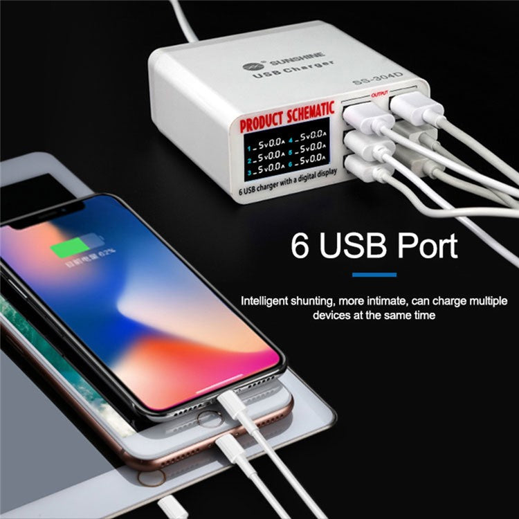 SUNSHINE SSS-304D Universal 6 Ports USB Quick Charger Digital Display Charger for iPhone / iPad Charging Repair Tools