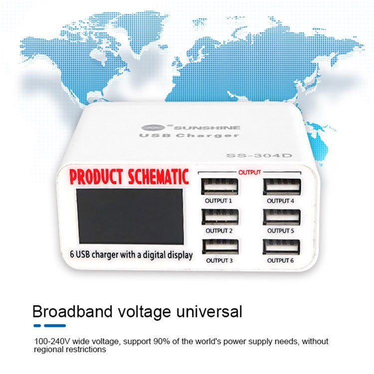 SUNSHINE SSS-304D Universal 6 Ports USB Quick Charger Digital Display Charger for iPhone / iPad Charging Repair Tools