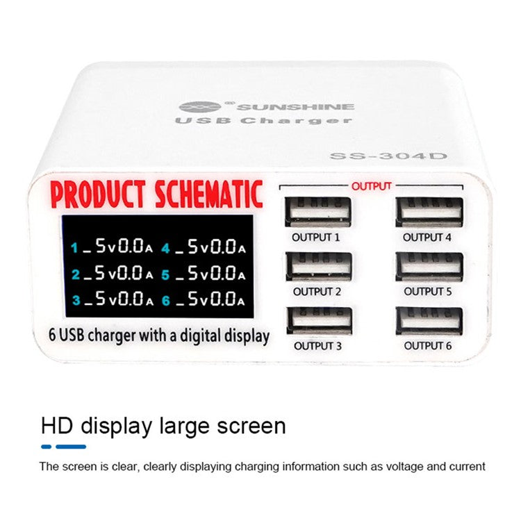 SUNSHINE SSS-304D Universal 6 Ports USB Quick Charger Digital Display Charger for iPhone / iPad Charging Repair Tools