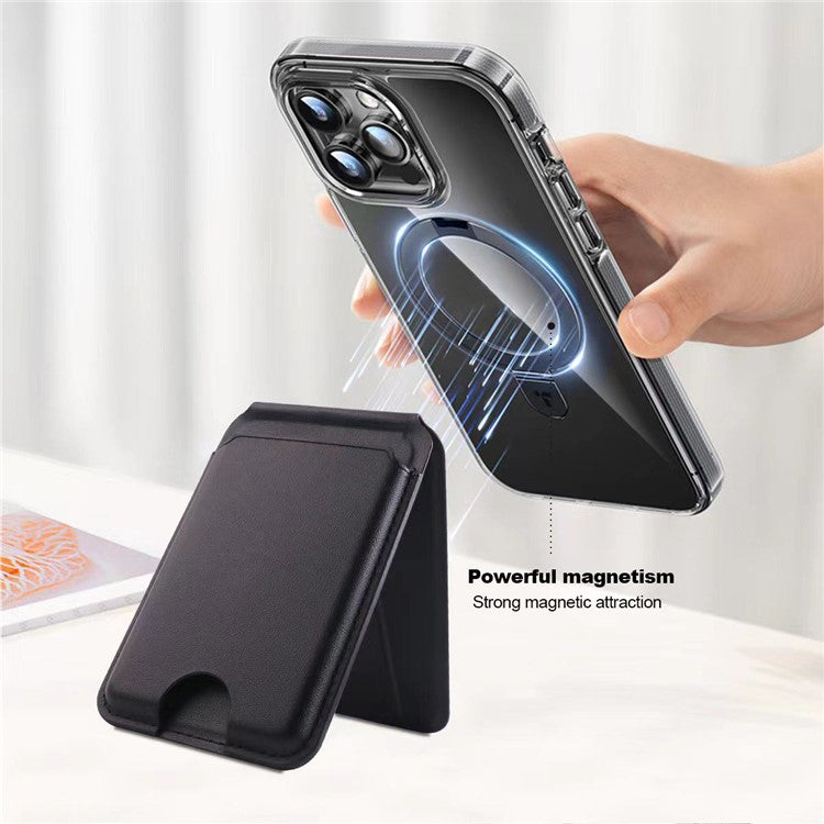 Phone Card Holder for iPhone 12-16 Series PU Leather Folding Kickstand Card Bag - Black