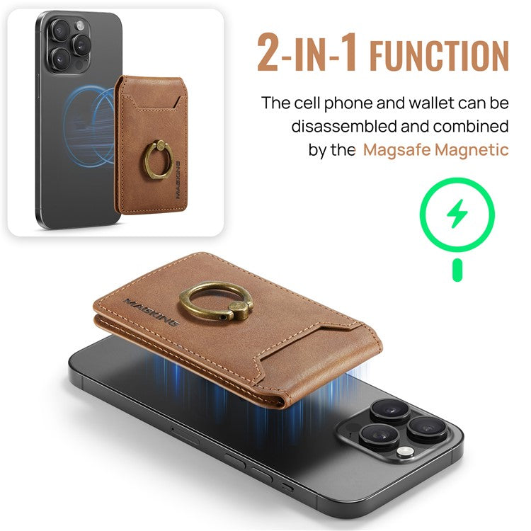 MAGKING K1 Kickstand Magnetic Card Holder Compatible with MagSafe RFID Blocking Cell Phone Wallet Built-In Ring - Brown