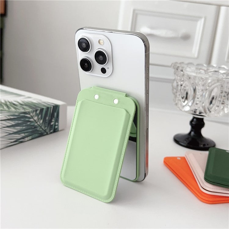 Magnetic Card Holder for iPhone 16 Series Mirror Design Kickstand Silicone Phone Card Bag - Matcha Green