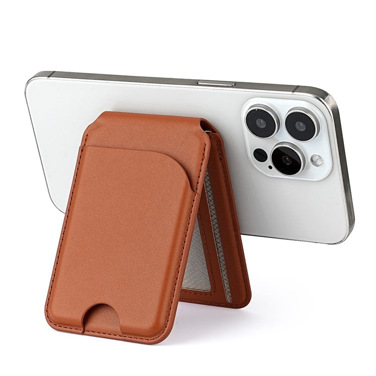 PU Leather Magnetic Card Holder Bi-Fold Phone Card Bag with Kickstand Function - Brown